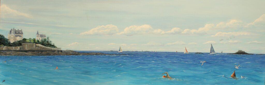 œuvre d'art, marine, peintre officiel de la marine, Marin Marie, Roger Chapelet, Dinan, peintre Dinan, peintre Dinard, peintre Staint Malo ,Morel David, davidmorelartiste.fr, gouache sur papier A3, , festival Brest, bateau le Renard dans la brume matinale de St Malo, Affiche d'art, plage de l'écluse, dinard, les Roches Brunes Dinard